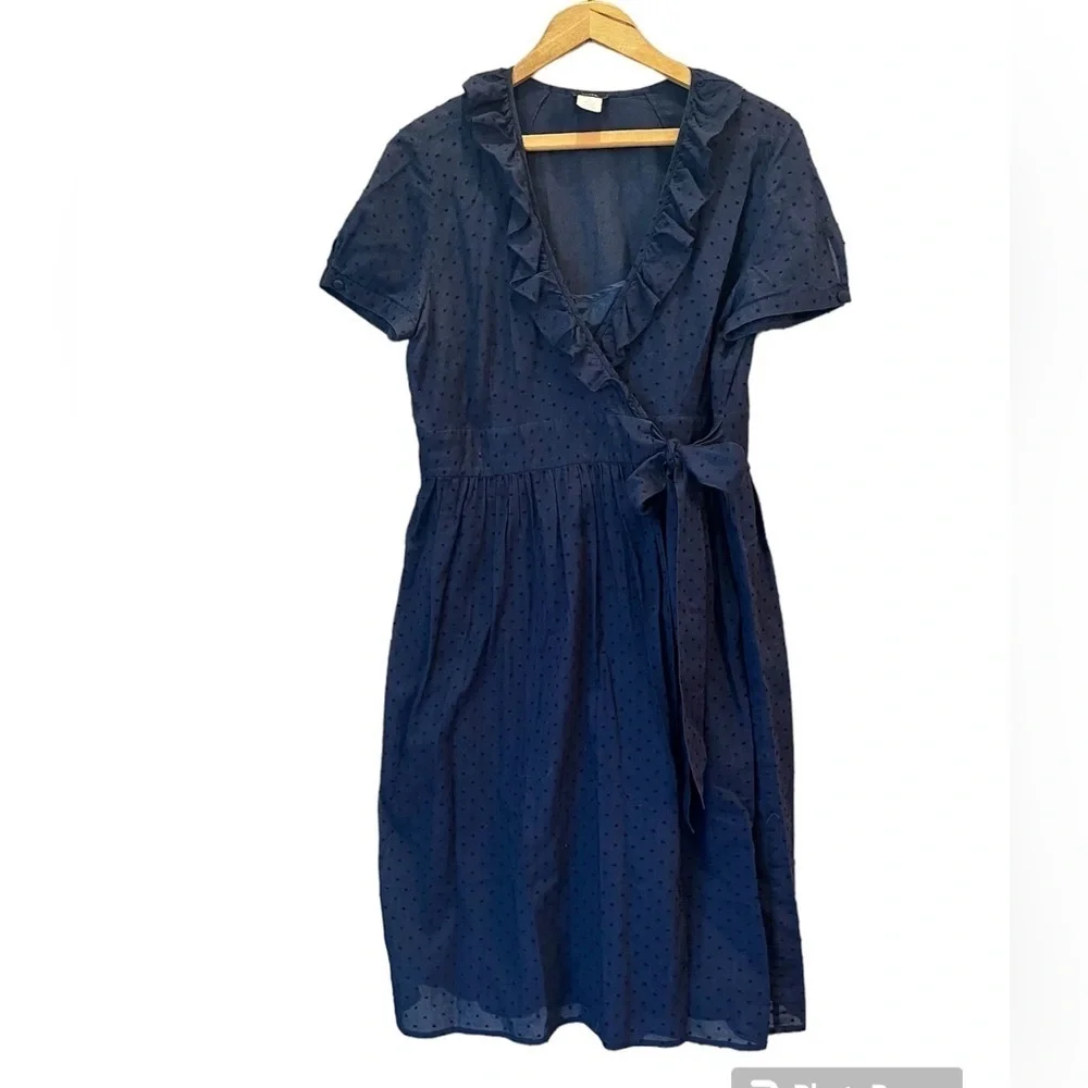 J. Crew Wrap Midi Dress Short Sleeve Nautical Swiss Dot Womens Sz 10 Navy Blue - Picture 3 of 8